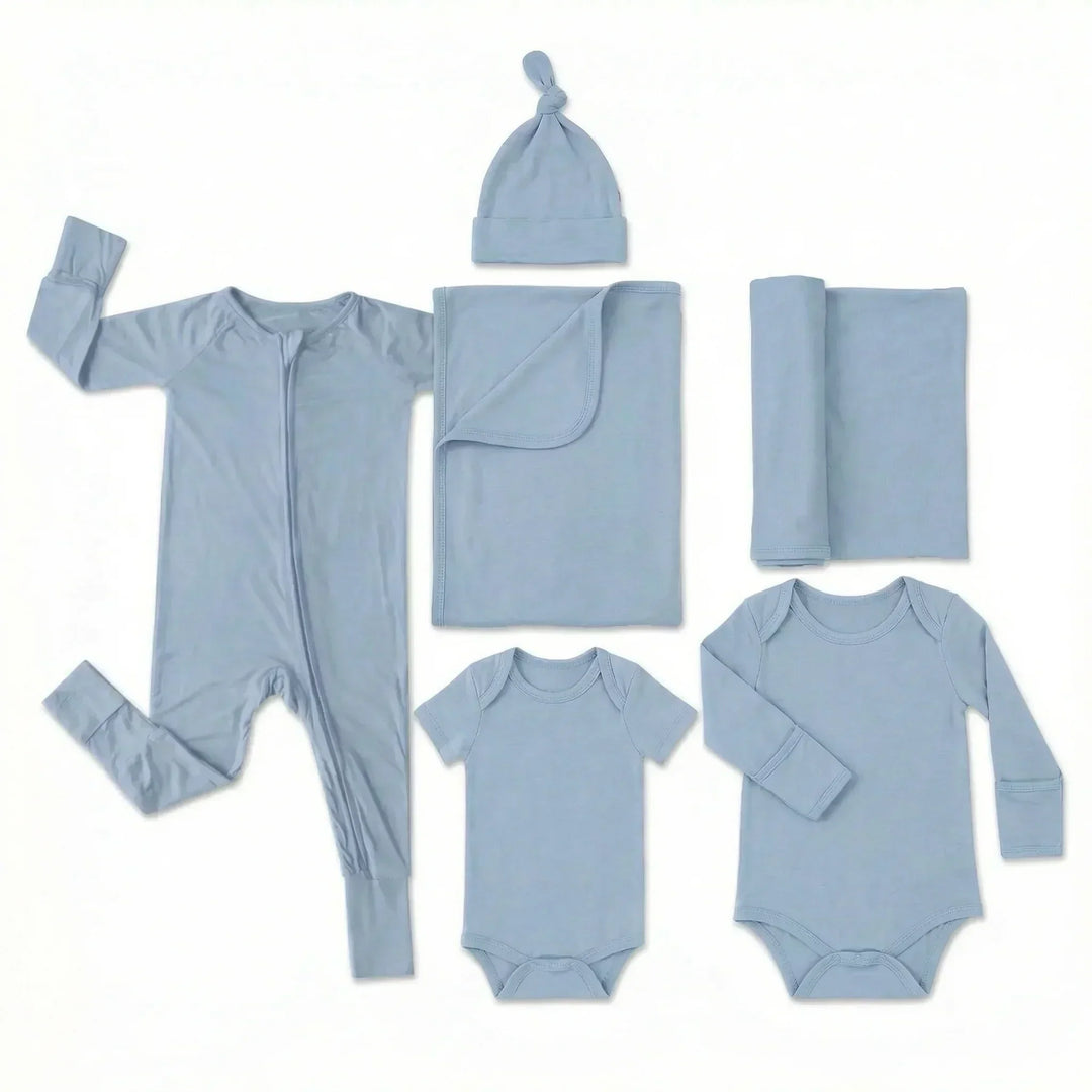 Hospital Bag Essentials Set ( Long zippy+ BodySuit long + BodySuit short + Knotted hat+ Baby Blanket+ Swaddle Blanket)