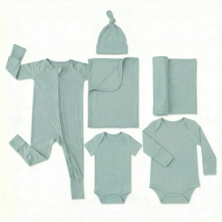 Hospital Bag Essentials Set ( Long zippy+ BodySuit long + BodySuit short + Knotted hat+ Baby Blanket+ Swaddle Blanket)