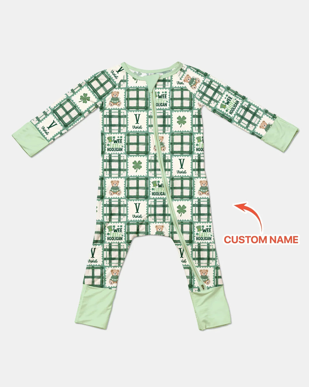 Custom Name Teddy Bear Gingham St. Patrick's Day Bamboo Convertible Zippy