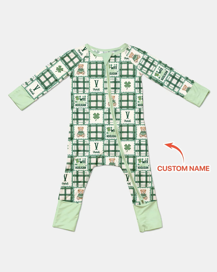 Custom Name Teddy Bear Gingham St. Patrick's Day Bamboo Convertible Zippy