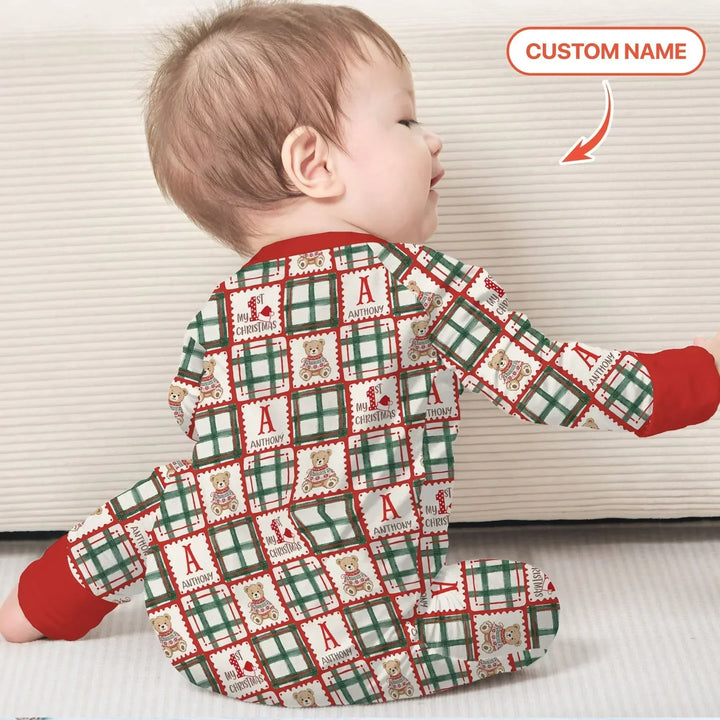 Custom Name Teddy Bear Gingham My 1st Christmas Bamboo Convertible Zippy