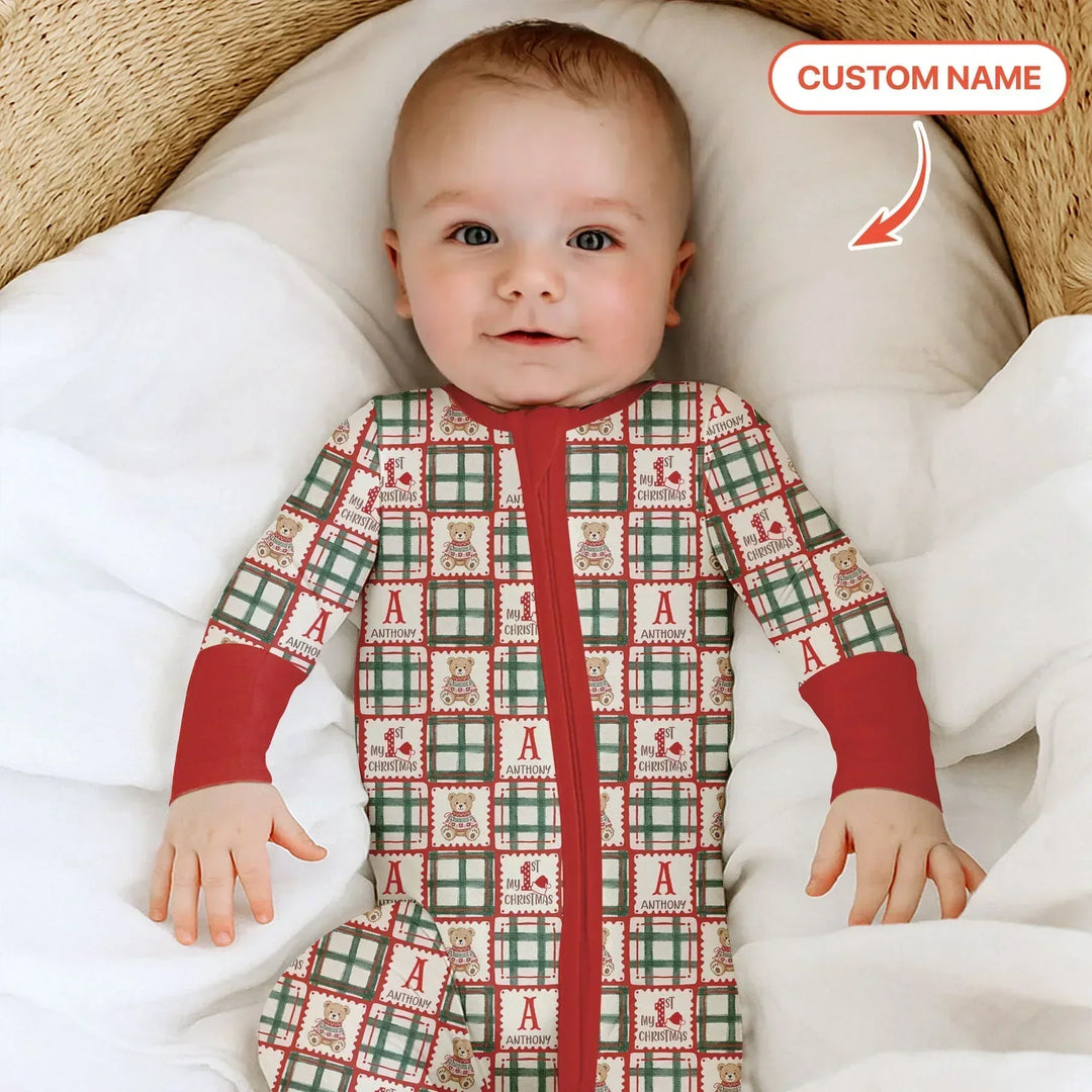 Custom Name Teddy Bear Gingham My 1st Christmas Bamboo Convertible Zippy