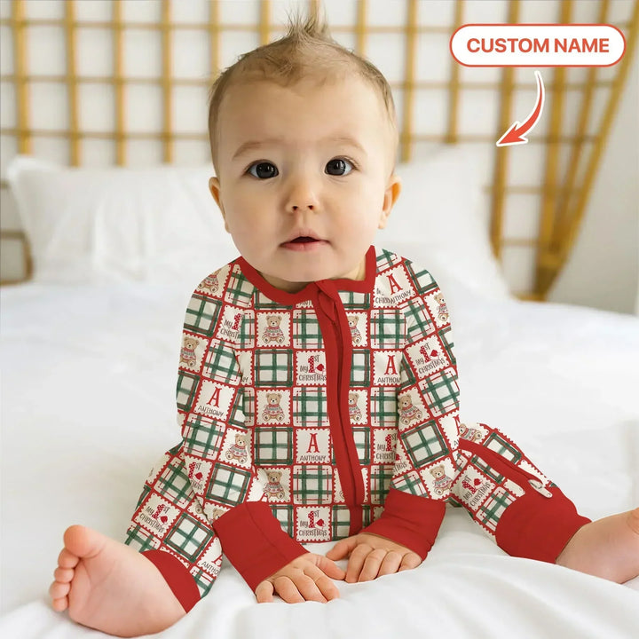 Custom Name Teddy Bear Gingham My 1st Christmas Bamboo Convertible Zippy