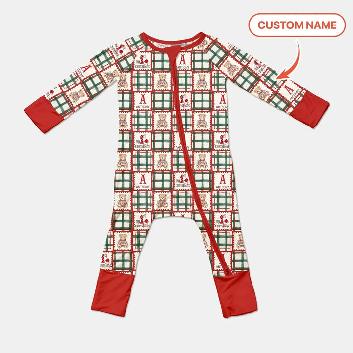 Custom Name Teddy Bear Gingham My 1st Christmas Bamboo Convertible Zippy
