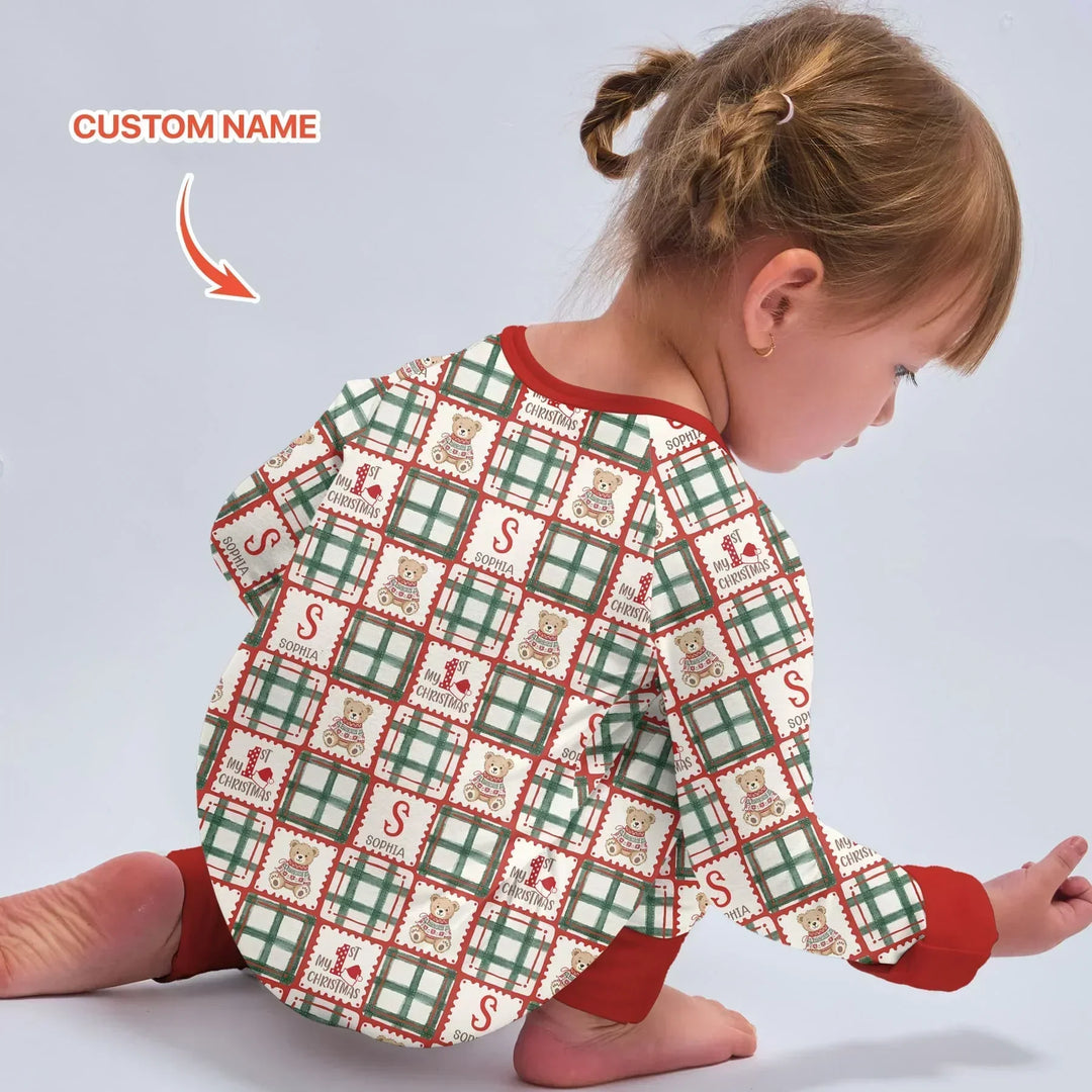 Custom Name Teddy Bear Gingham My 1st Christmas Bamboo Convertible Zippy