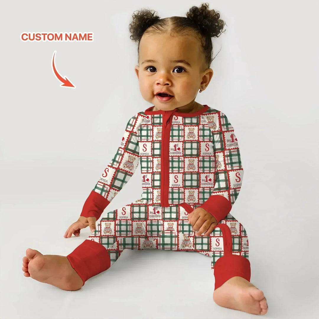 Custom Name Teddy Bear Gingham My 1st Christmas Bamboo Convertible Zippy