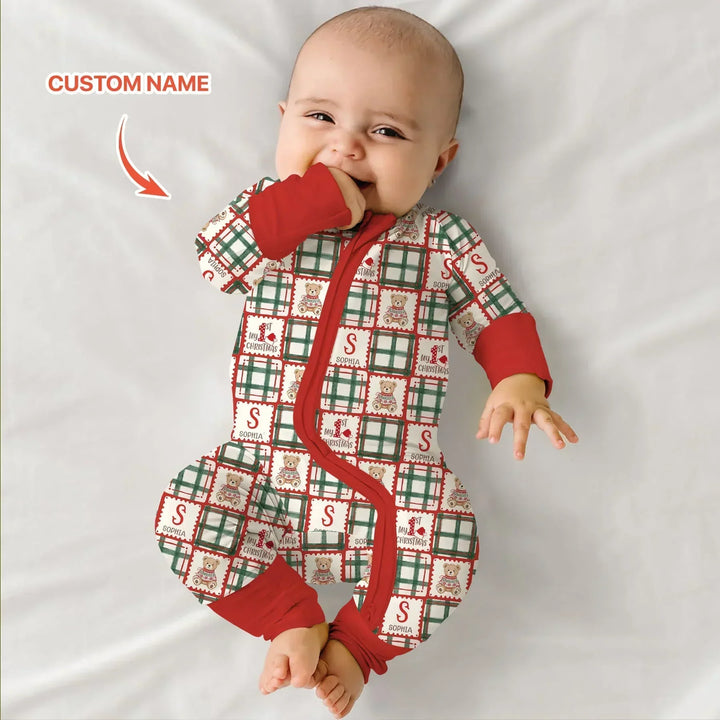 Custom Name Teddy Bear Gingham My 1st Christmas Bamboo Convertible Zippy