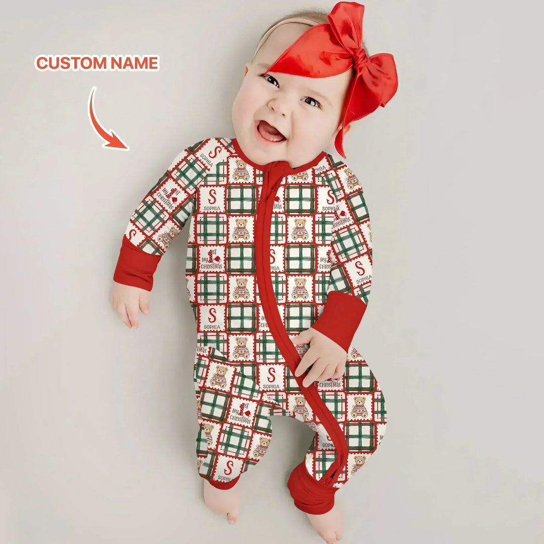 Custom Name Teddy Bear Gingham My 1st Christmas Bamboo Convertible Zippy