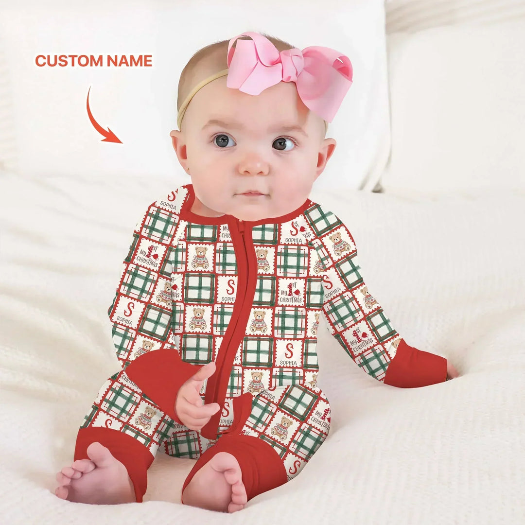 Custom Name Teddy Bear Gingham My 1st Christmas Bamboo Convertible Zippy
