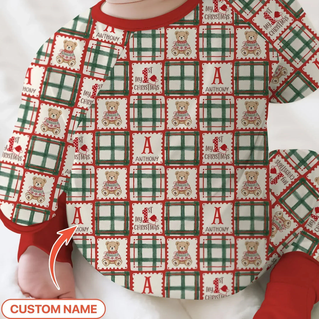 Custom Name Teddy Bear Gingham My 1st Christmas Bamboo Convertible Zippy