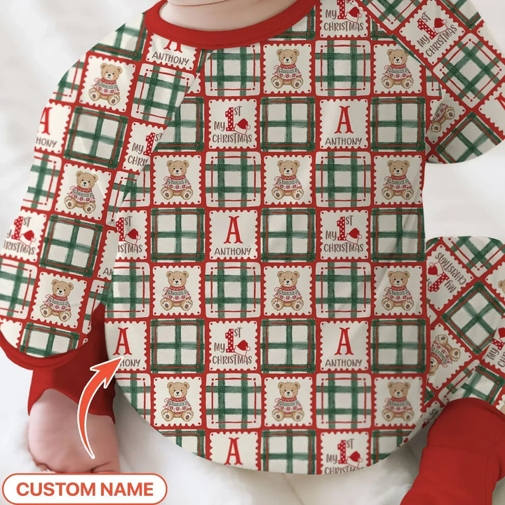 Custom Name Teddy Bear Gingham My 1st Christmas Bamboo Convertible Zippy