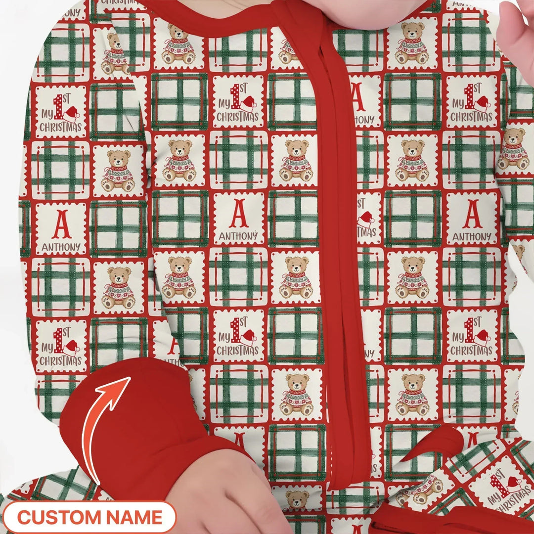 Custom Name Teddy Bear Gingham My 1st Christmas Bamboo Convertible Zippy