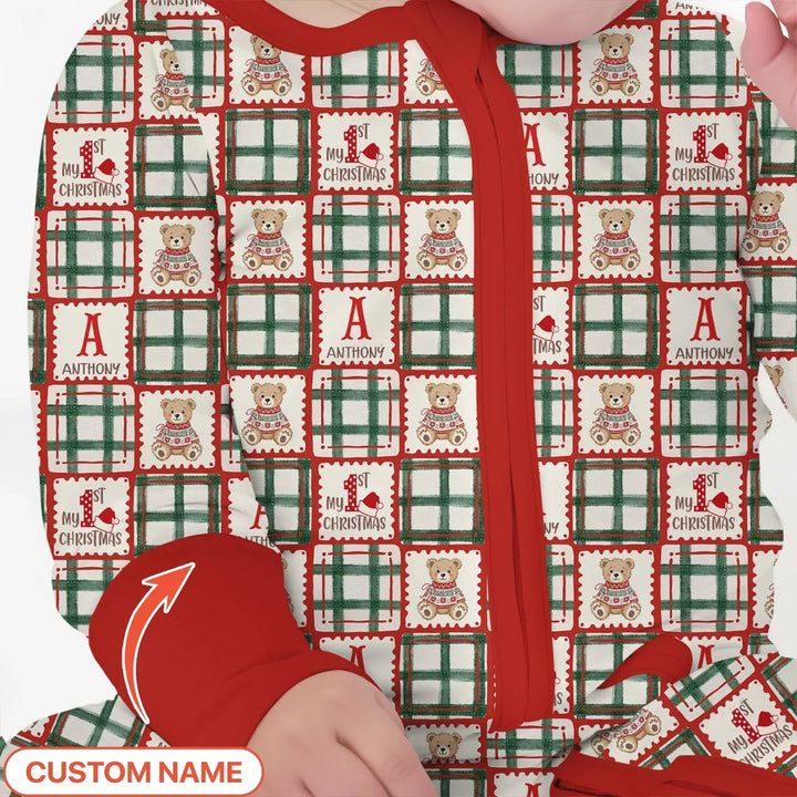 Custom Name Teddy Bear Gingham My 1st Christmas Bamboo Convertible Zippy