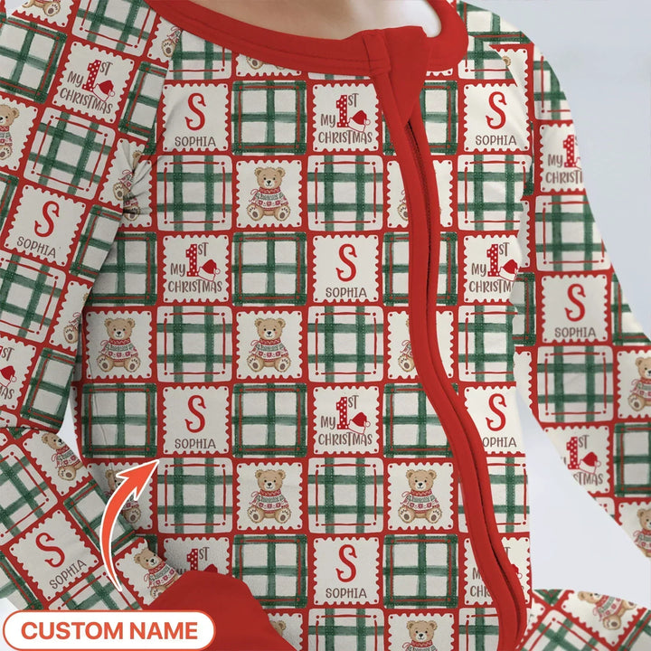 Custom Name Teddy Bear Gingham My 1st Christmas Bamboo Convertible Zippy