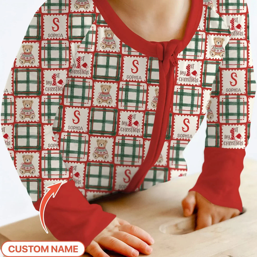 Custom Name Teddy Bear Gingham My 1st Christmas Bamboo Convertible Zippy