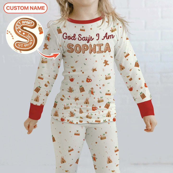 GingerBread God Says I Am Custom Name Two Piece Long Sleeve Pajama Set , GingerBread God Says I Am Custom Name Two Piece Long Sleeve Pajama Set - 12-18M