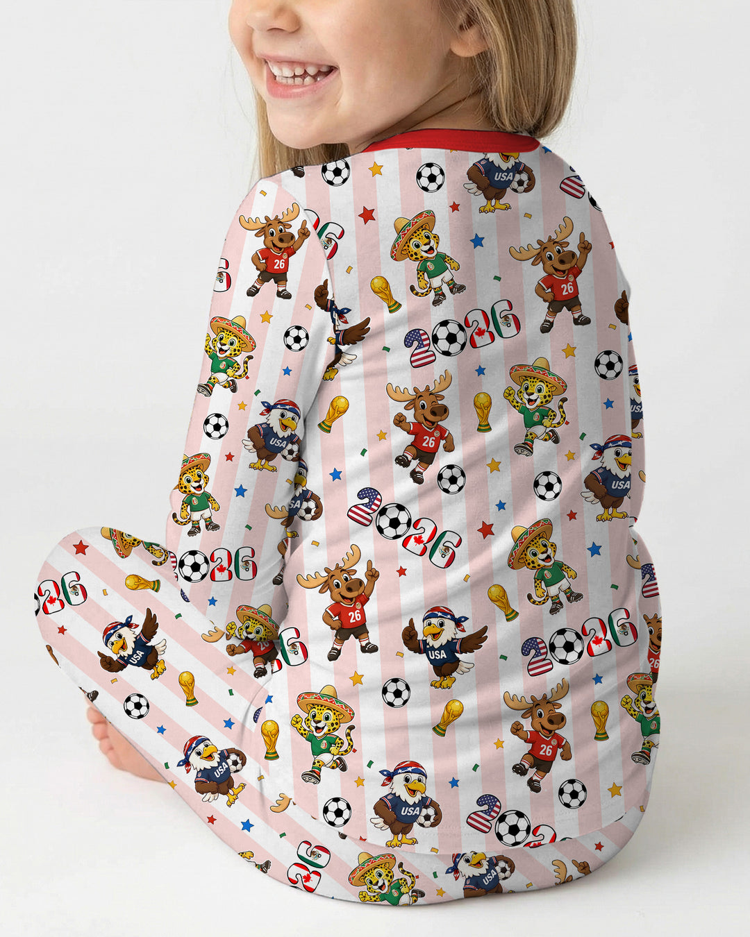 Striped Cute Mascots Soccer Cup 2026 Bamboo Two Piece Long Sleeve Pajama Set