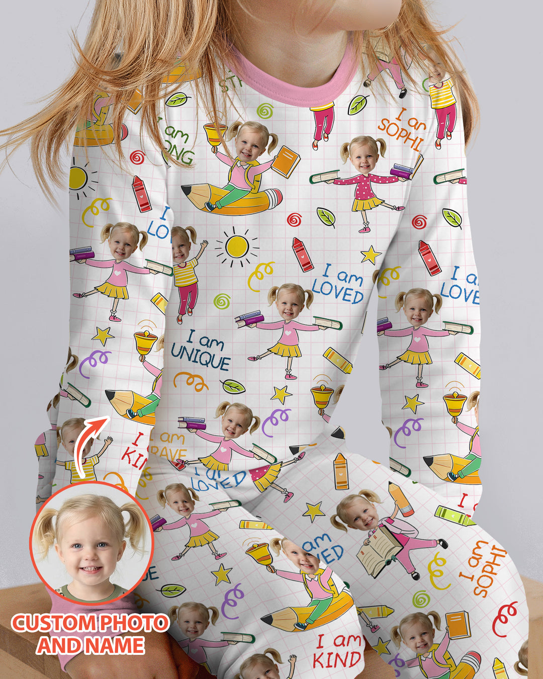 Custom Photo Kid Affirmations I Am Kind Bamboo Two Piece Long Sleeve Pajama Set