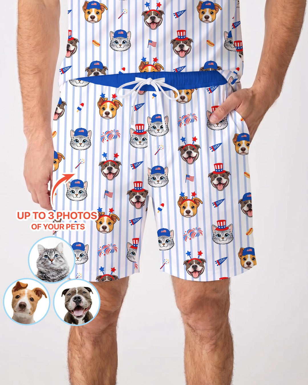 Custom Pet Image 4th of July Family Matching Bamboo Men Short Sleeve Short Pajama Set
