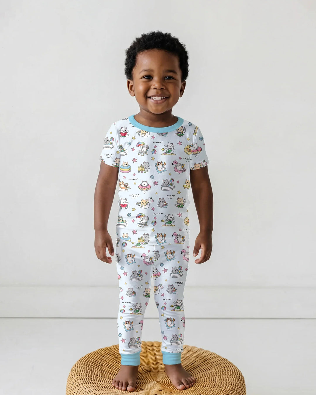 Kawaii Cats Summer Vacation Bamboo Two Piece Short Sleeve Pajama Set