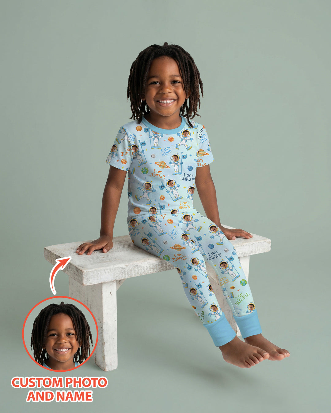 Custom Photo Kid Affirmations I Am Kind Astronaut Bamboo Two Piece Short Sleeve Shorts Pajama Set