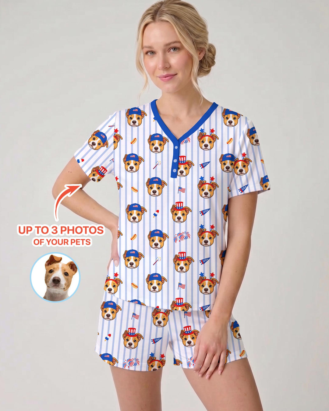 Custom Pet Image 4th of July Family Matching Bamboo Women Short Sleeve Short Pajama