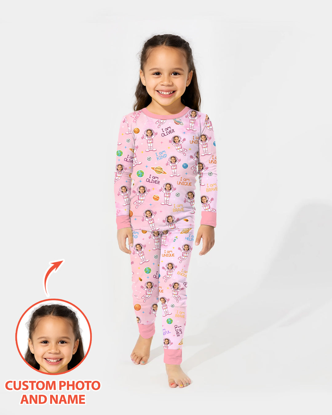 Custom Photo Kid Affirmations I Am Kind Astronaut Bamboo Two Piece Long Sleeve Pajama Set