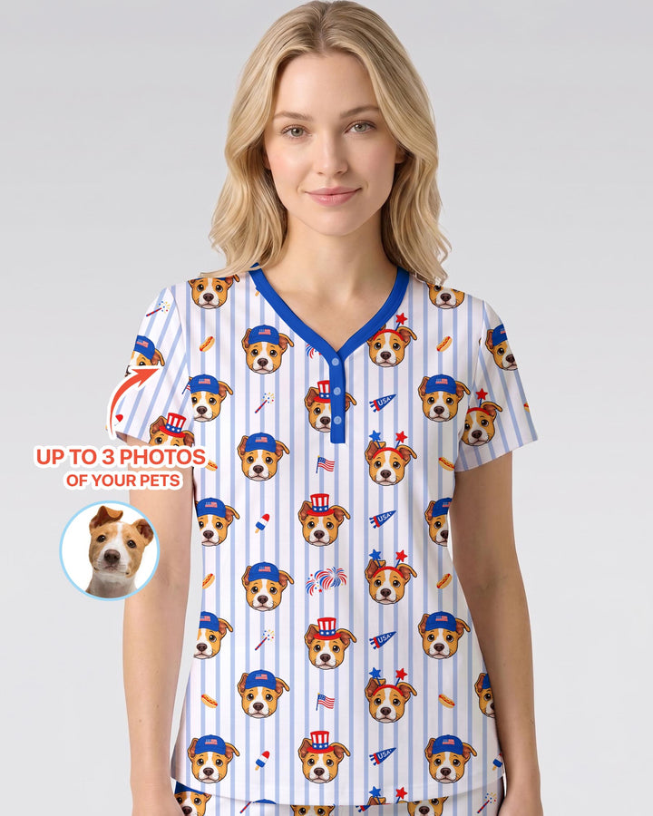 Custom Pet Image 4th of July Family Matching Bamboo Women Short Sleeve Short Pajama