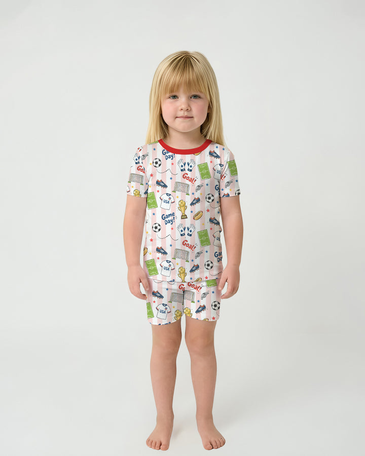 Striped Soccer Game Day Family Matching Bamboo Two Piece Short Sleeve Shorts Pajama Set