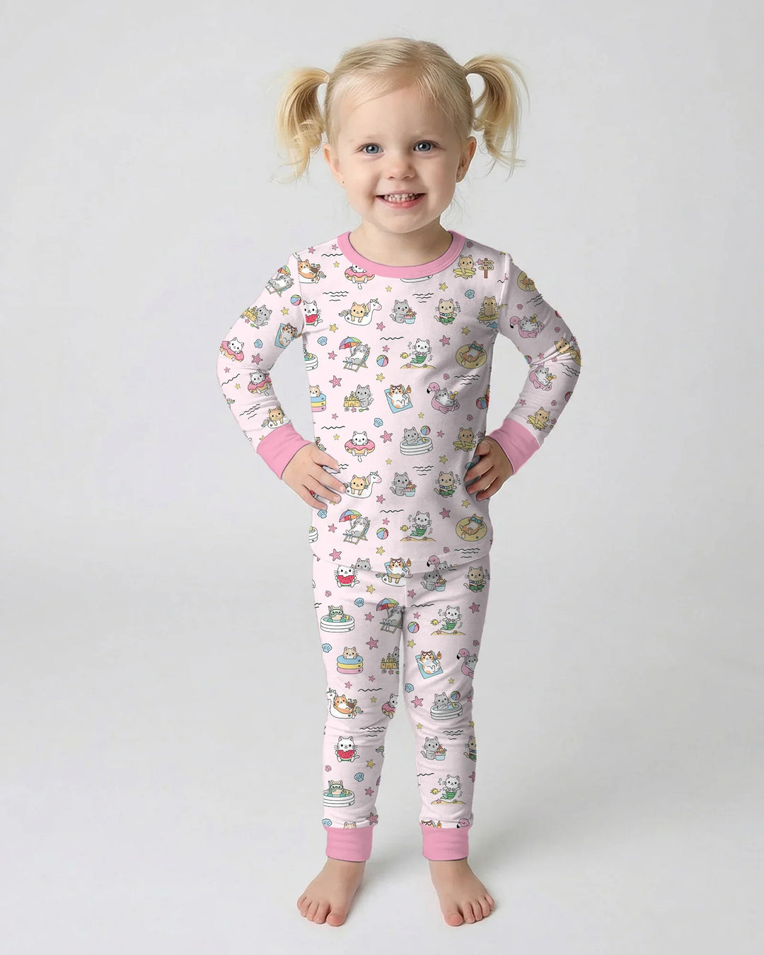 Kawaii Cats Summer Vacation Bamboo Two Piece Long Sleeve Pajama Set