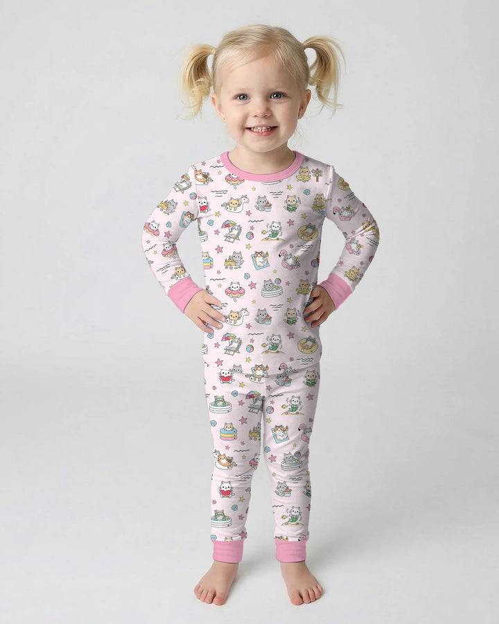 Kawaii Cats Summer Vacation Bamboo Two Piece Long Sleeve Pajama Set