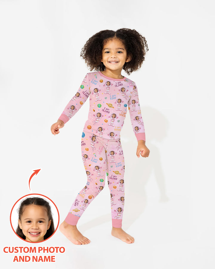 Custom Photo Kid Affirmations I Am Kind Astronaut Bamboo Two Piece Long Sleeve Pajama Set