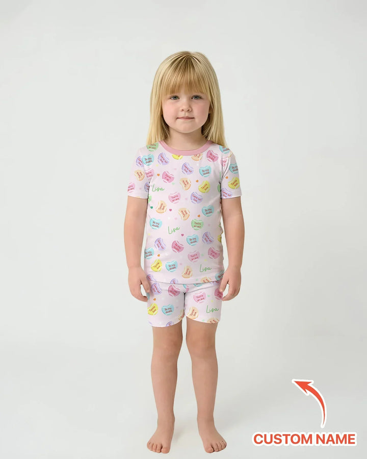 Custom Name Tennis Candy Hearts Bamboo Two Piece Short Sleeve Shorts Pajama Set