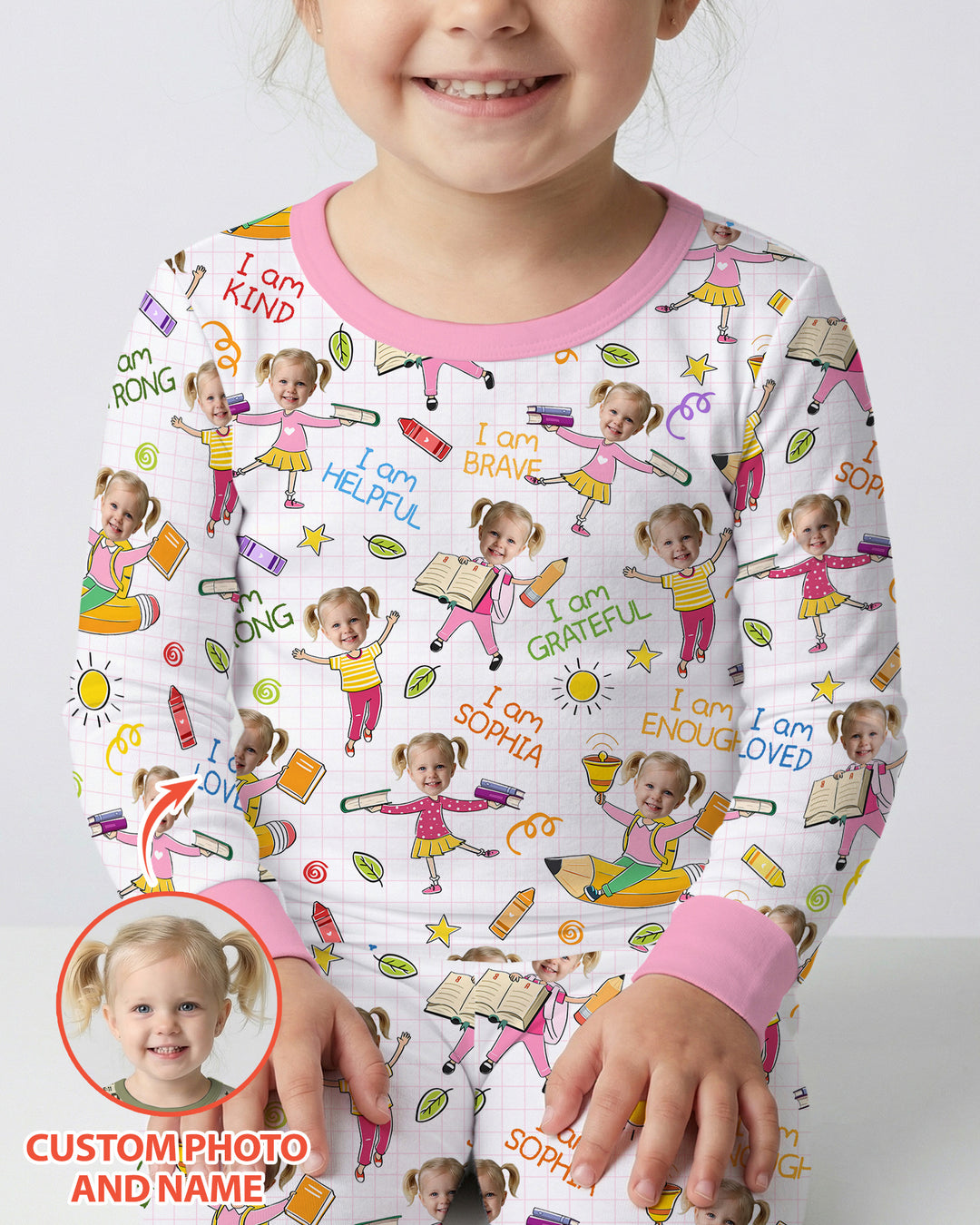 Custom Photo Kid Affirmations I Am Kind Bamboo Two Piece Long Sleeve Pajama Set
