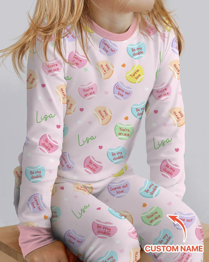 Custom Name Tennis Candy Hearts Bamboo Two Piece Long Sleeve Pajama Set
