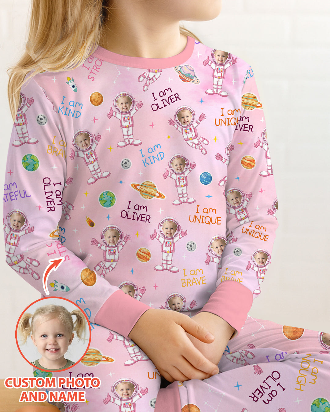 Custom Photo Kid Affirmations I Am Kind Astronaut Bamboo Two Piece Long Sleeve Pajama Set