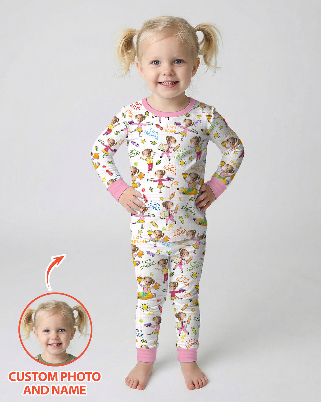 Custom Photo Kid Affirmations I Am Kind Bamboo Two Piece Long Sleeve Pajama Set