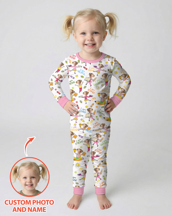 Custom Photo Kid Affirmations I Am Kind Bamboo Two Piece Long Sleeve Pajama Set