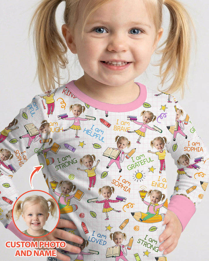 Custom Photo Kid Affirmations I Am Kind Bamboo Two Piece Long Sleeve Pajama Set