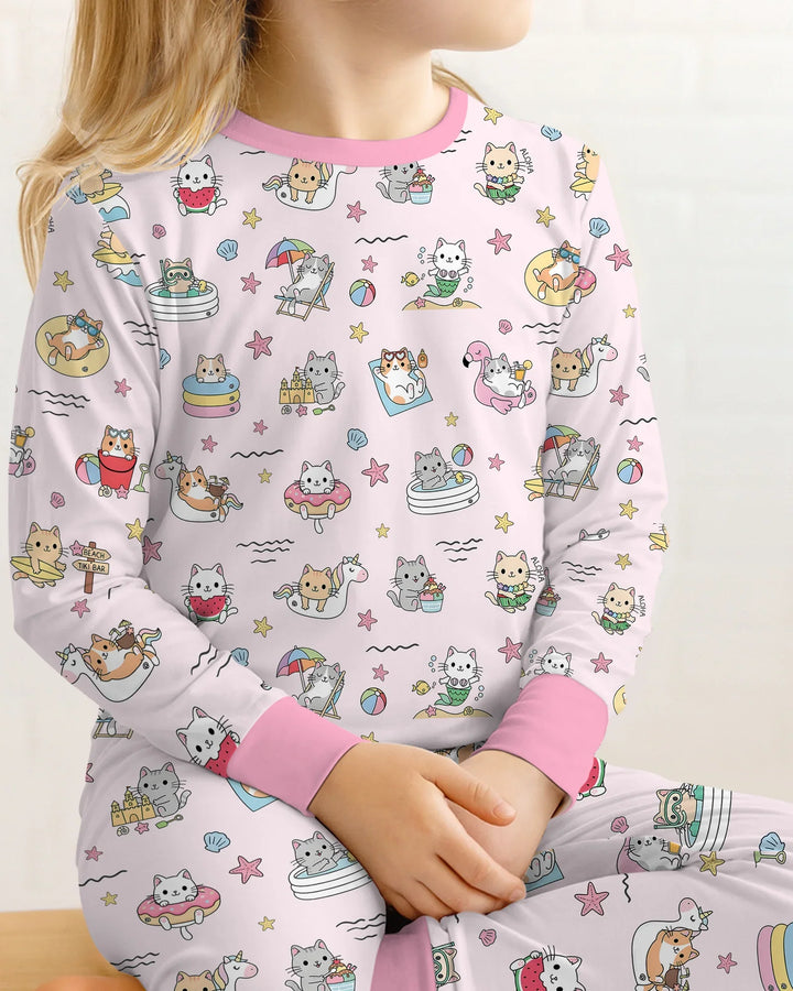 Kawaii Cats Summer Vacation Bamboo Two Piece Long Sleeve Pajama Set
