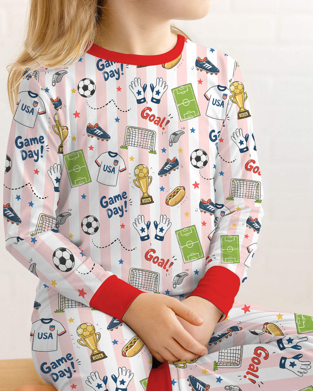 Striped Soccer Game Day Family Matching Bamboo Two Piece Long Sleeve Pajama Set