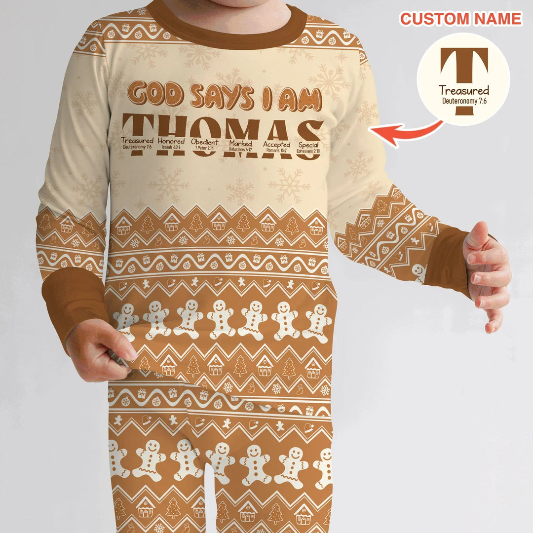 Personalized Ginger Bread God Says I Am Two Piece Long Sleeve Pajama Set , Personalized Ginger Bread God Says I Am Two Piece Long Sleeve Pajama Set - 12-18M / Chocolate Brown