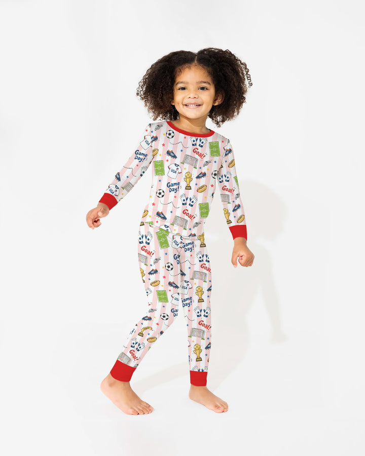 Striped Soccer Game Day Family Matching Bamboo Two Piece Long Sleeve Pajama Set