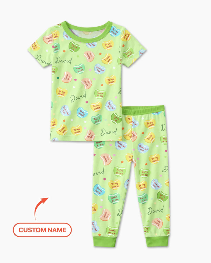 Custom Name Tennis Candy Hearts Bamboo Two Piece Short Sleeve Pajama Set