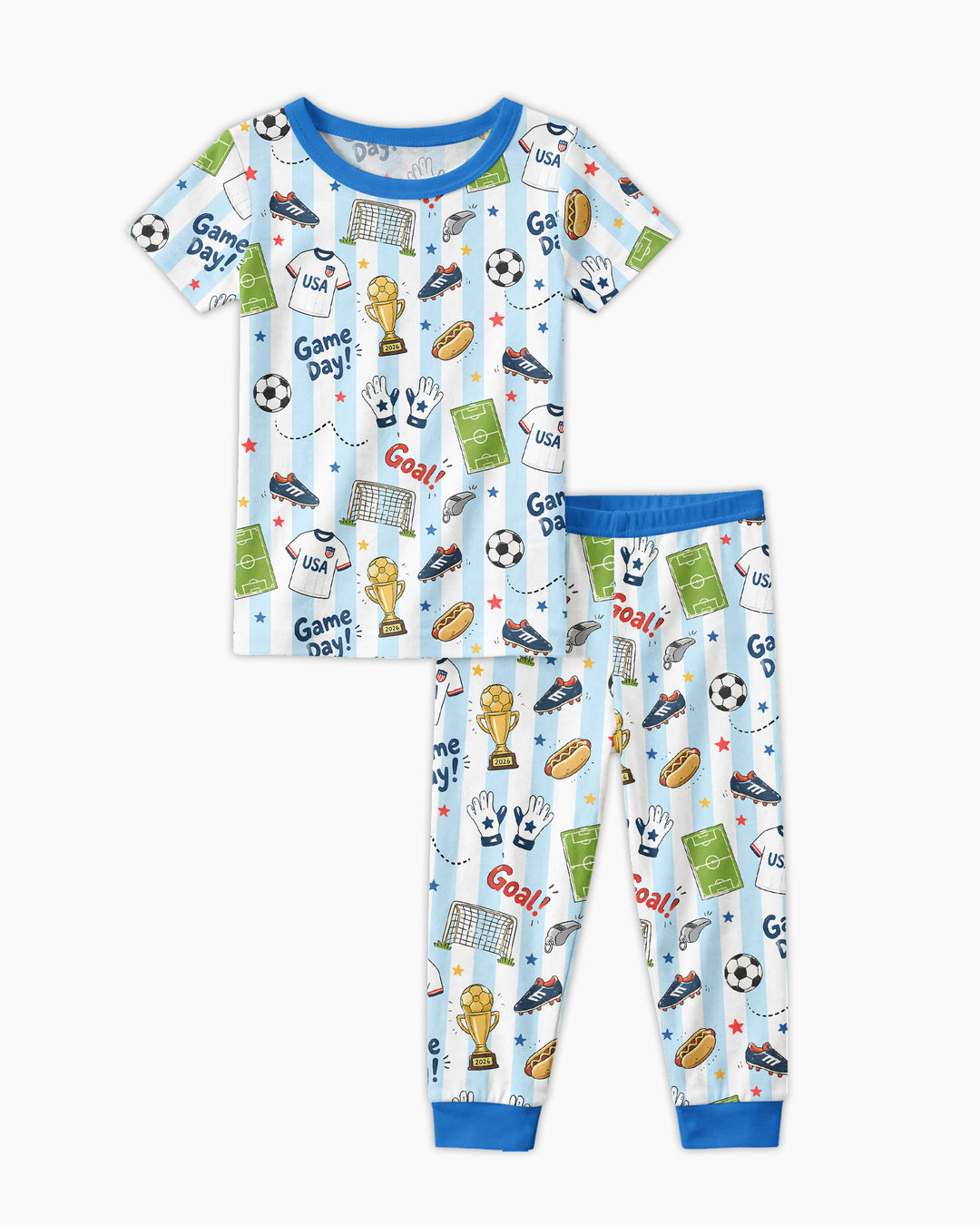 Striped Soccer Game Day Family Matching Bamboo Two Piece Short Sleeve Pajama Set