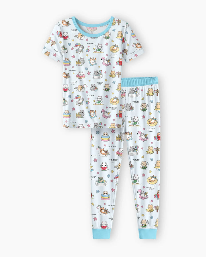 Kawaii Cats Summer Vacation Bamboo Two Piece Short Sleeve Pajama Set