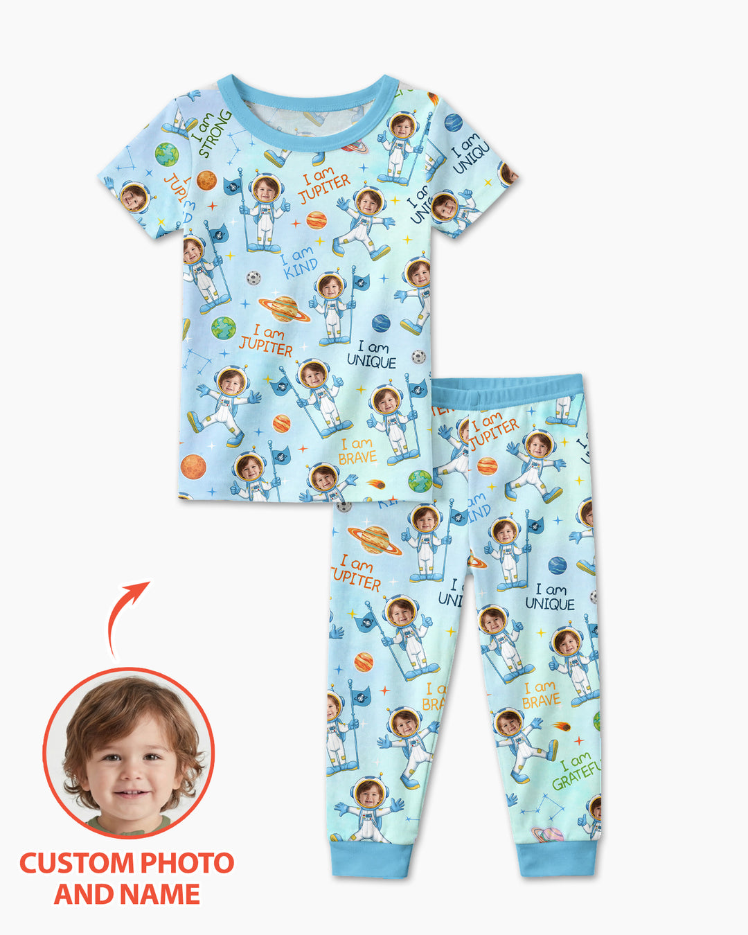 Custom Photo Kid Affirmations I Am Kind Astronaut Bamboo Two Piece Short Sleeve Shorts Pajama Set