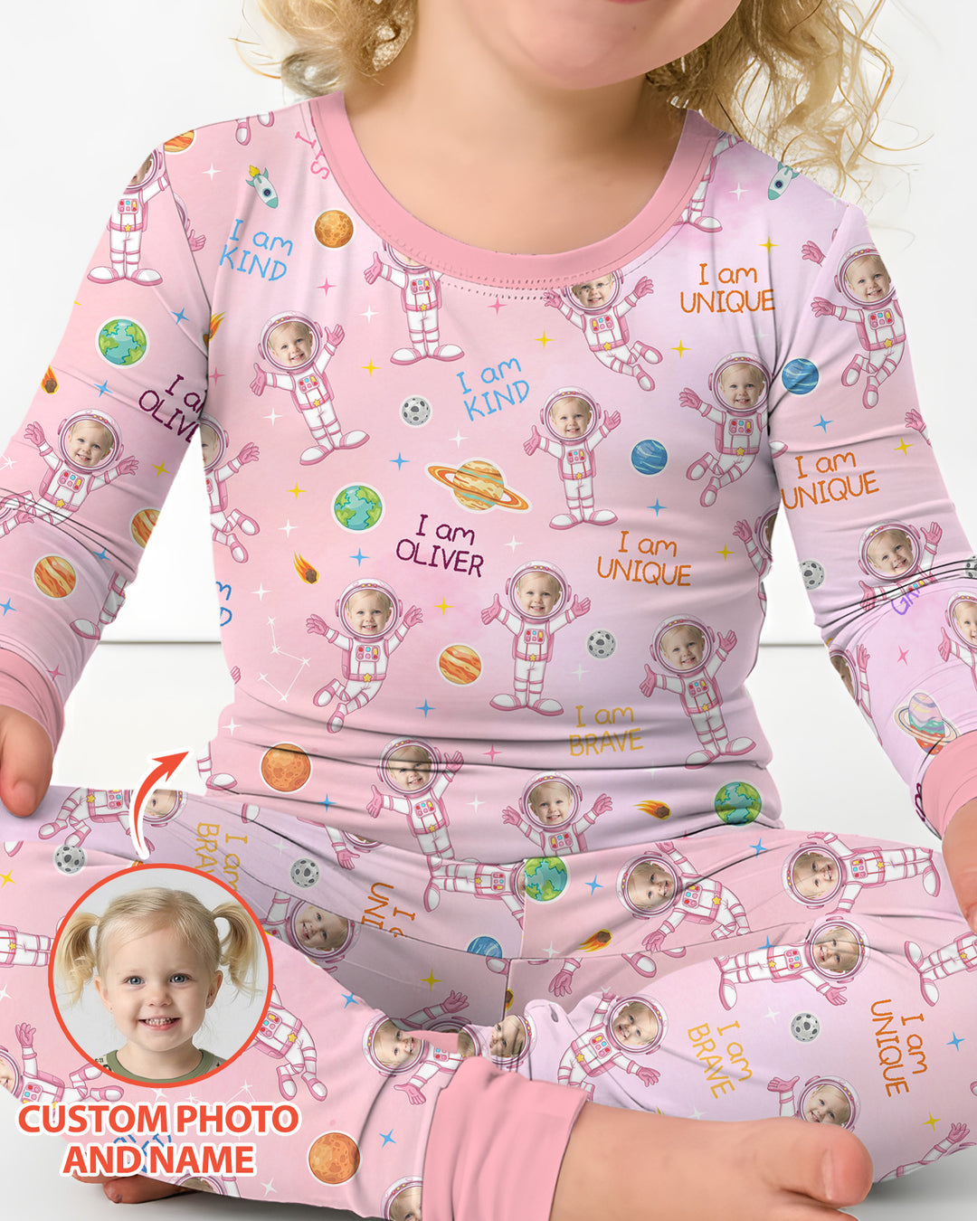 Custom Photo Kid Affirmations I Am Kind Astronaut Bamboo Two Piece Long Sleeve Pajama Set