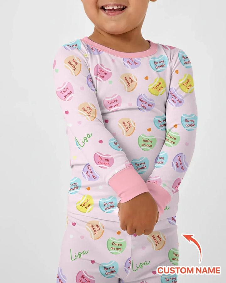 Custom Name Tennis Candy Hearts Bamboo Two Piece Long Sleeve Pajama Set