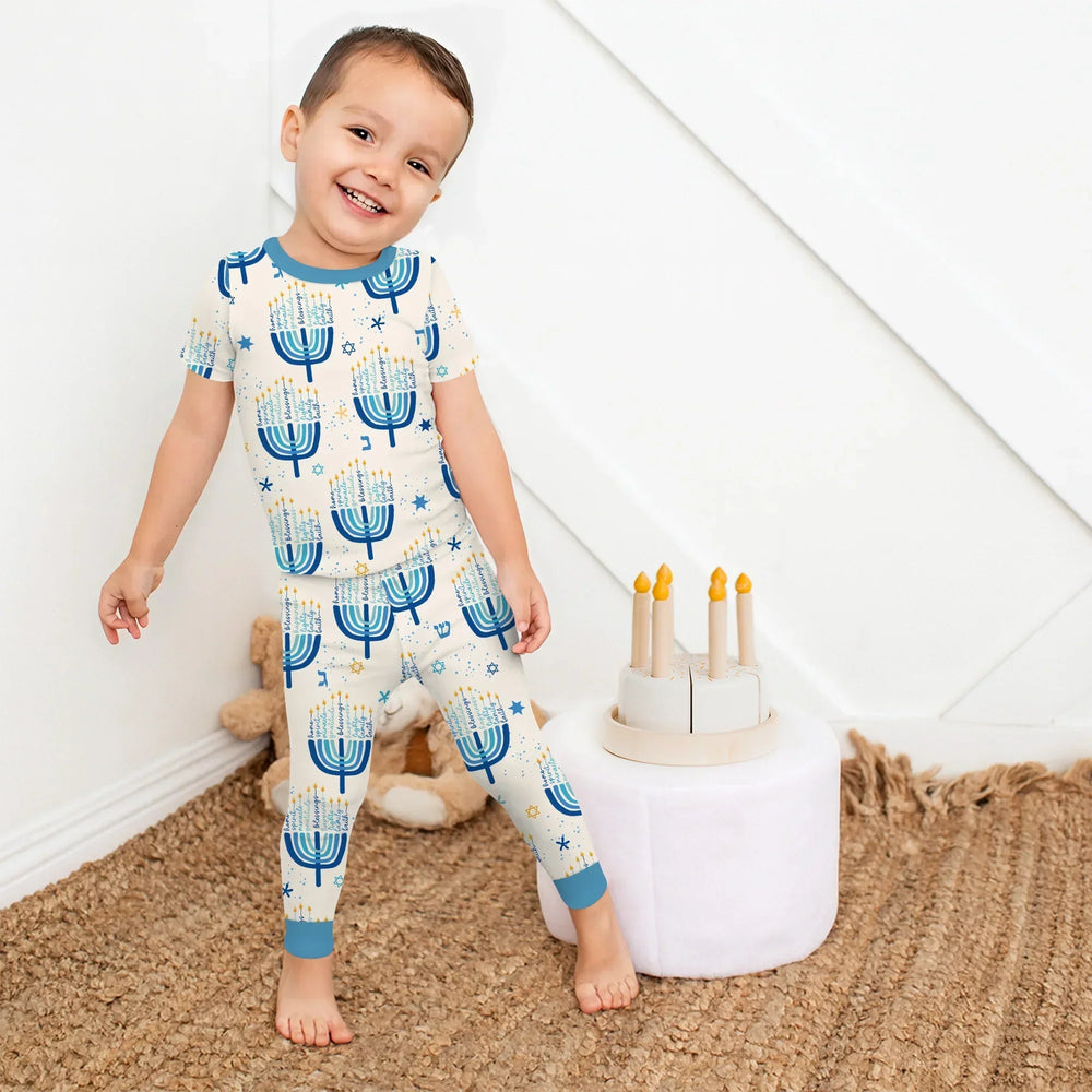 Hannukkah Menorah Family Matching Two Piece Short Sleeve Pajama Set , Hannukkah Menorah Family Matching Two Piece Short Sleeve Pajama Set - 12-18M / Girl
